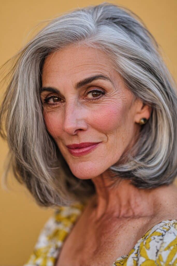 An American woman over 60 with a classic wedge haircut, softly layered at the back for shape and lift, photographed in flattering natural light against a golden glossy background.