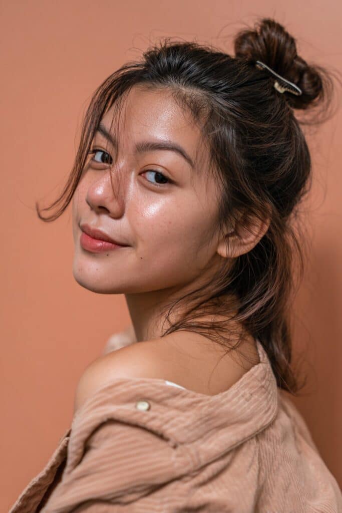 A stunning young woman in her 20s showcasing a Half Up Half Down Hairstyle For Medium Length Hair with a claw clip half-up, featuring a half-up style secured with a claw clip using medium-length hair, captured in a close-up shot focusing on the hair, photographed against a seamless warm peach backdrop with a matte finish. She has subtle makeup, a trendy outfit, realistic hair texture, warm skin tone, and a friendly expression, captured with soft natural lighting and an Instagram-style beauty vibe.