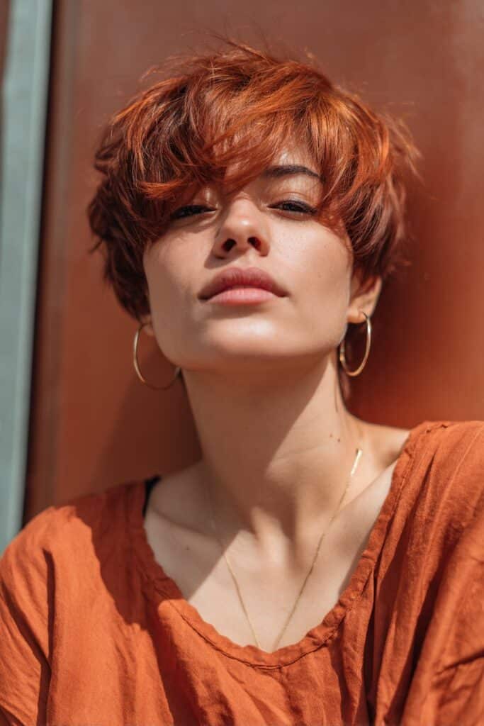 A copper-toned long pixie shag with elongated choppy layers and light feathering. The warm copper shade enhances the depth of the shag texture, giving the haircut movement and a stylish, modern finish.