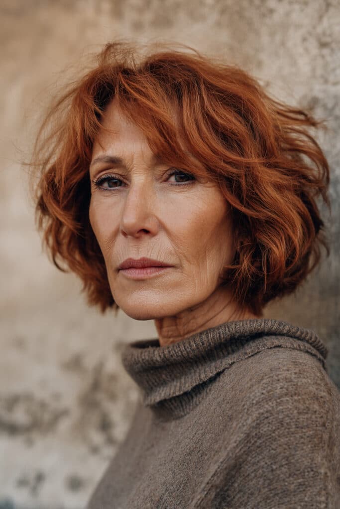 A beautiful older woman over 50 with fine copper-red hair styled in a textured shaggy bob, wearing a full-sleeve wool tunic, photographed against a textured plaster background.