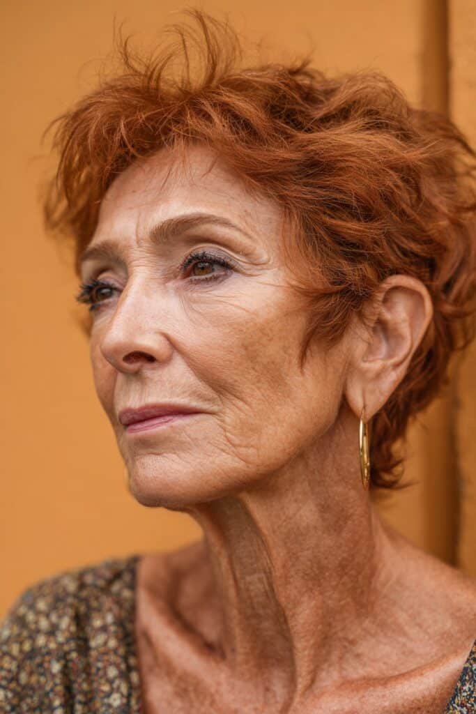A mature woman with a copper-toned long razor shag featuring edgy separated layers, photographed on a modern minimal background.