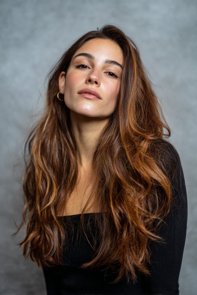 A stunning young woman in her 20s with natural skin tone, showcasing a Brown Hair With Caramel Highlights hairstyle featuring coppery caramel with thick lowlights, featuring long brown hair with thick coppery caramel lowlights for depth, captured in a close-up shot focusing on the hair, photographed against a seamless soft charcoal backdrop with a silky finish. She has subtle makeup, a chic outfit, realistic hair texture, warm skin tone, and a confident expression, captured with soft natural lighting and an Instagram-style beauty vibe.