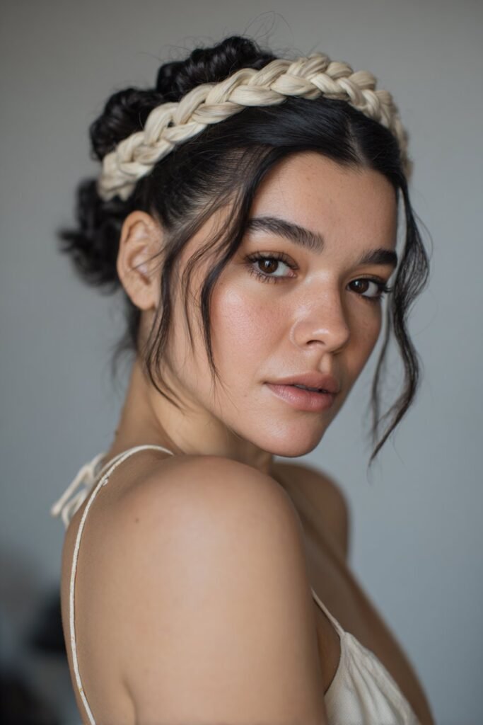 A close-up photo of a young elegant American woman with delicate criss-cross braided headband – headband hairstyles with braids series.