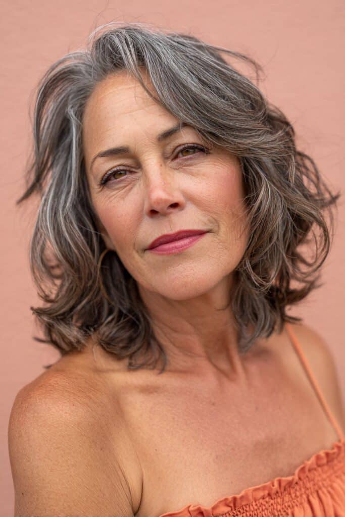 A vibrant American female model over 60 with a mature appearance, showcasing a Medium Length Layered Haircut For Women Over 60 with curled ends with layers, featuring medium-length layers with curled ends for bounce, captured in a close-up shot focusing on the hair, photographed against a seamless light coral backdrop with a smooth surface. She has subtle makeup with visible aging signs, an elegant outfit, realistic hair texture with silver strands, warm skin tone, and a friendly expression, captured with soft natural lighting and an Instagram-style beauty vibe.