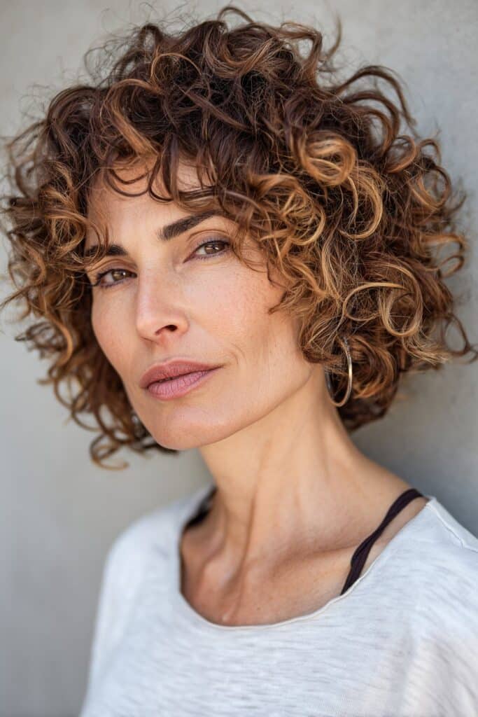 An American woman over 60 with a curly bob featuring face-framing layers, natural curls shaped to perfection, elegantly styled against a light gray smooth background.