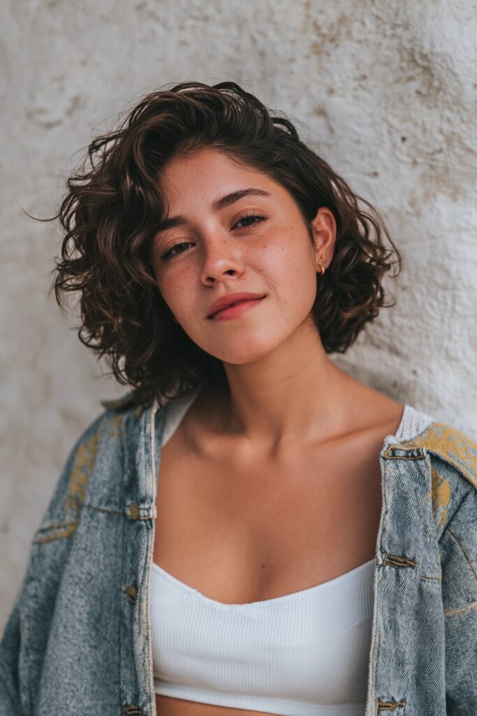 A short curly bob choppy haircut with natural curls enhanced by textured layers. The choppy trimming adds definition and bounce, giving the curls a lively and voluminous silhouette.