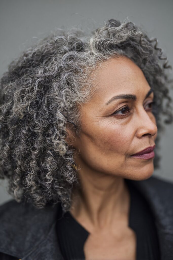 A close-up photo of an elegant Black American woman over 50 with curly ends box braids with gray roots hairstyle, featuring realistic hair texture under soft natural lighting, subtle makeup, dark skin tone, confident expression, fully clothed in a chic outfit, in an Instagram-style beauty shot.