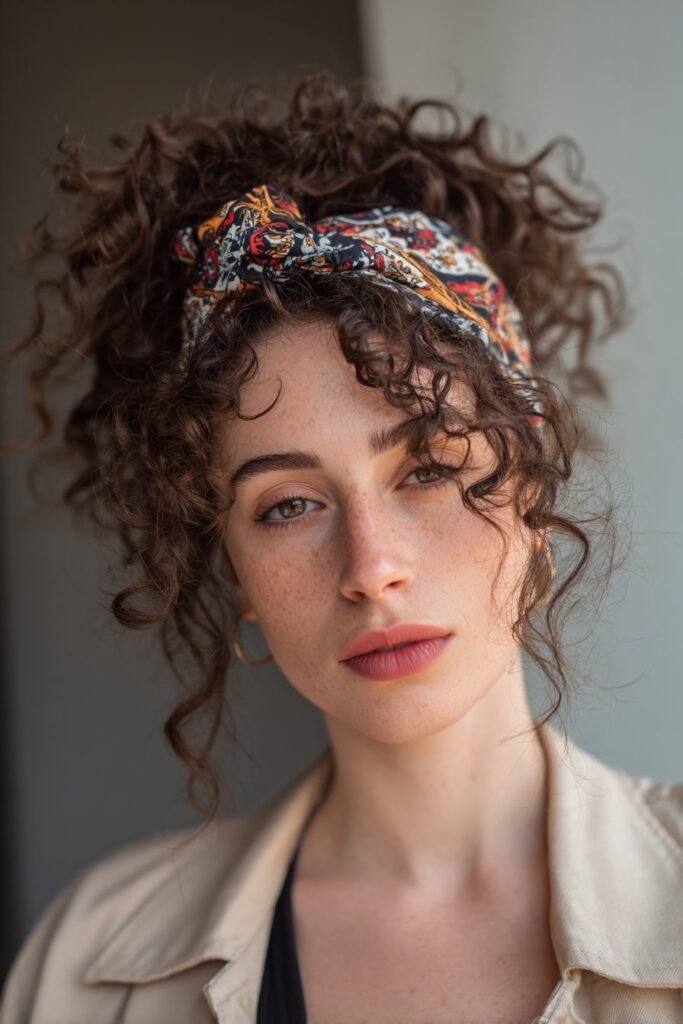 A close-up photo of a young elegant American woman with casual curls styled with a patterned bandana headband, featuring realistic curly texture under soft natural lighting, subtle makeup, warm skin tone, confident expression, fully clothed in a chic outfit, in an Instagram-style beauty shot – headband hairstyles curly hair series.