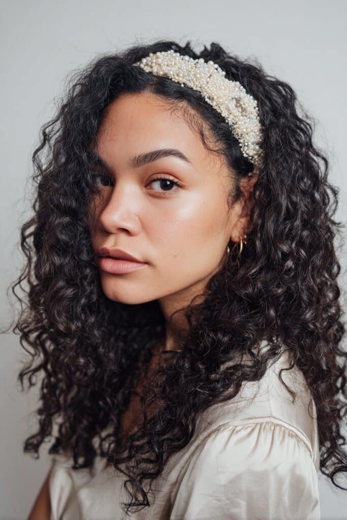 A close-up photo of a young elegant American woman with intricate curls featuring a beaded bohemian headband, featuring realistic curly texture under soft natural lighting, subtle makeup, warm skin tone, confident expression, fully clothed in a chic outfit, in an Instagram-style beauty shot – headband hairstyles curly hair series.