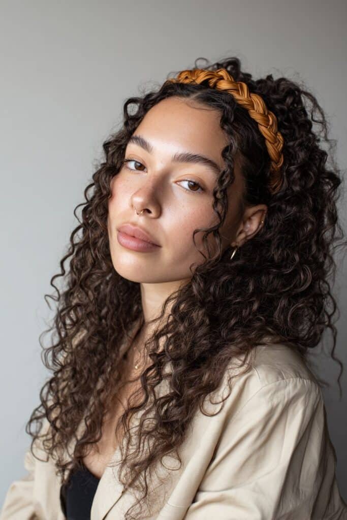 A close-up photo of a young elegant American woman with loose curls accented by a braided hair headband, featuring realistic curly texture under soft natural lighting, subtle makeup, warm skin tone, confident expression, fully clothed in a chic outfit, in an Instagram-style beauty shot – headband hairstyles curly hair series.