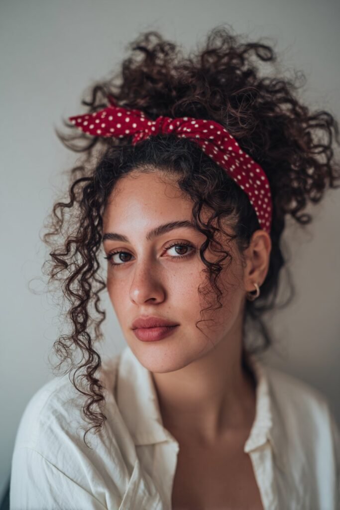 A close-up photo of a young elegant American woman with vintage curls accented by a retro polka-dot headband, featuring realistic curly texture under soft natural lighting, subtle makeup, warm skin tone, confident expression, fully clothed in a chic outfit, in an Instagram-style beauty shot – headband hairstyles curly hair series.