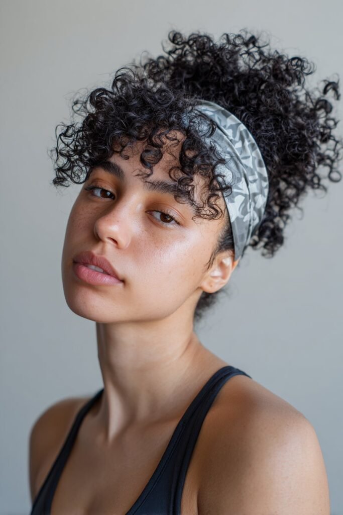 A close-up photo of a young elegant American woman with active curls held by a wide sporty headband, featuring realistic curly texture under soft natural lighting, subtle makeup, warm skin tone, confident expression, fully clothed in a chic outfit, in an Instagram-style beauty shot – headband hairstyles curly hair series.