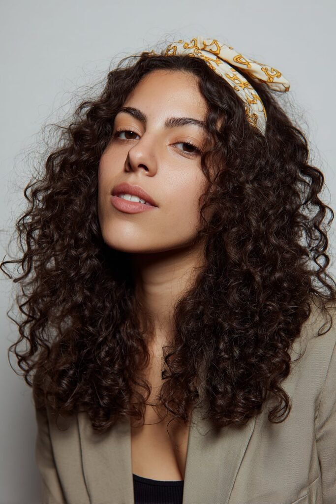 A close-up photo of a young elegant American woman with defined curls framed by a stretchy fabric headband, featuring realistic curly texture under soft natural lighting, subtle makeup, warm skin tone, confident expression, fully clothed in a chic outfit, in an Instagram-style beauty shot – headband hairstyles curly hair series.