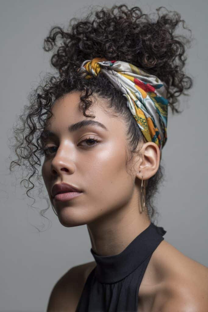A close-up photo of a young elegant American woman with a voluminous curly high bun wrapped in a silk scarf headband, featuring realistic curly texture under soft natural lighting, subtle makeup, warm skin tone, confident expression, fully clothed in a chic outfit, in an Instagram-style beauty shot – headband hairstyles curly hair series.