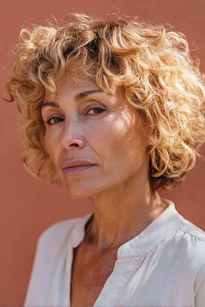 A woman over 40 wearing a curly layered crop with a golden copper sheen, featuring defined curls and layered shaping for volume.