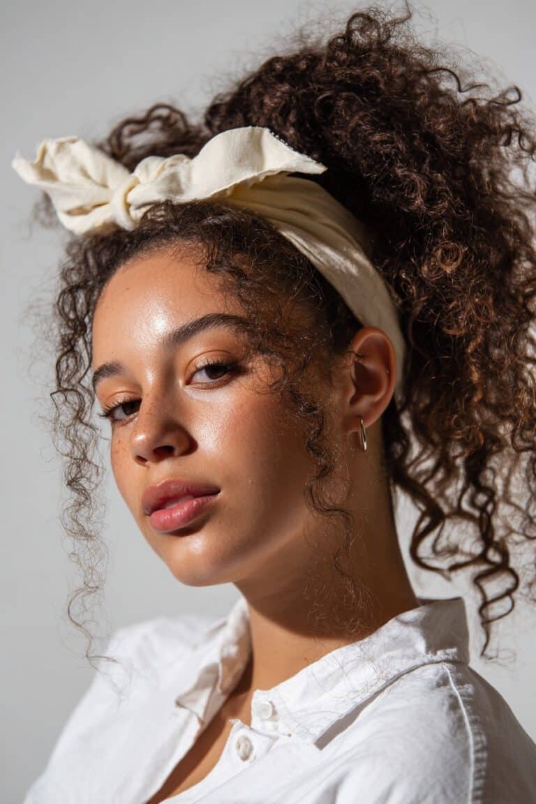 A close-up photo of a young elegant American woman with a high curly ponytail held by a wide fabric headband, featuring realistic curly texture under soft natural lighting, subtle makeup, warm skin tone, confident expression, fully clothed in a chic outfit, in an Instagram-style beauty shot – headband hairstyles curly hair series.