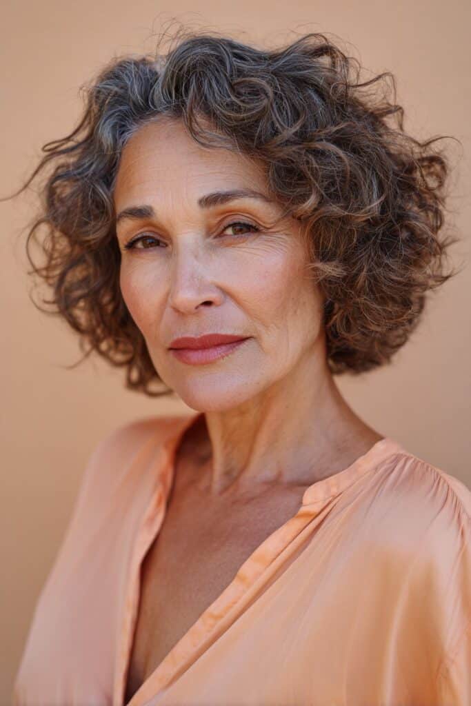 A woman over 60 with naturally curly shaggy short hair, showing defined curls blended with choppy layered texture for a lively, youthful look.