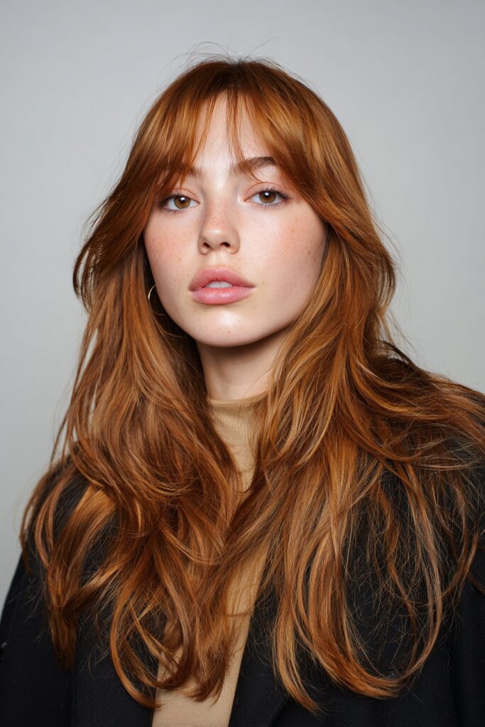 A stunning young woman in her 20s with natural skin tone, showcasing a Winter Hairstyle For Medium Length Hair featuring curtain bangs, with medium-length hair with soft curtain bangs framing the face, captured in a close-up shot focusing on the hair, photographed against a seamless light pearl backdrop with a glossy sheen. She has subtle makeup, a chic winter outfit, realistic hair texture, warm skin tone, and a confident expression, captured with soft natural lighting and an Instagram-style beauty vibe.