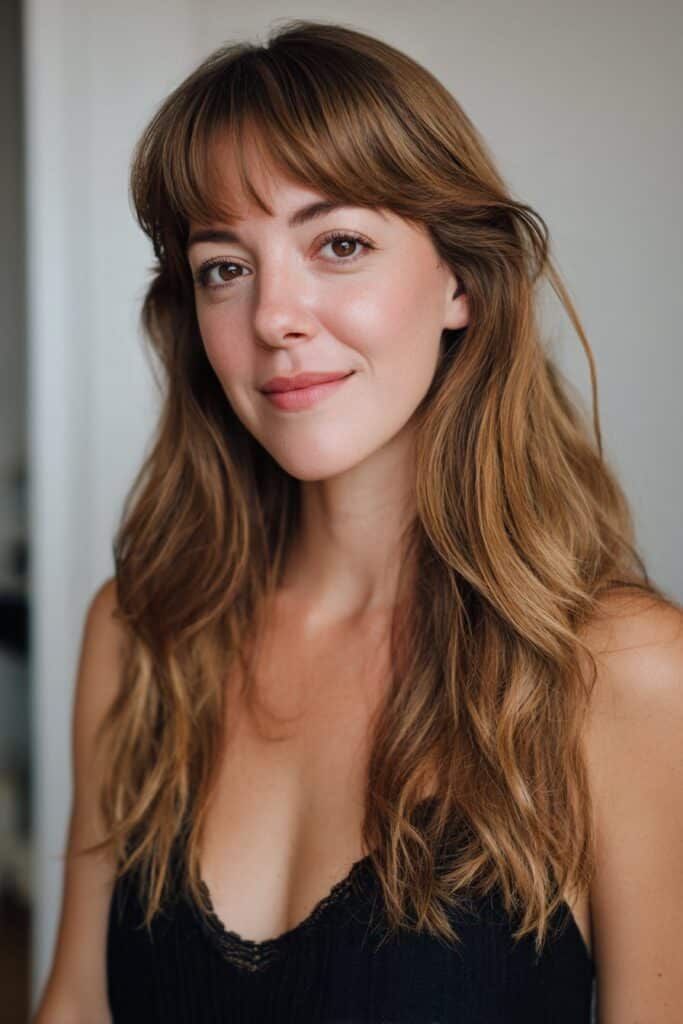 A fashionable American woman in her 20s with curtain bangs and medium layered hair, soft waves framing her face under natural light, set against a warm peach matte background.