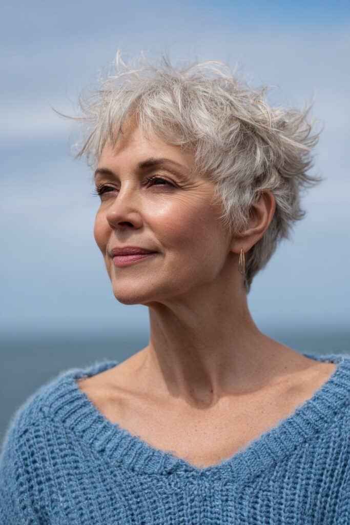A woman over 60 with a cute short pixie haircut enhanced by subtle lowlights, showing choppy textured layers and a light, youthful finish.