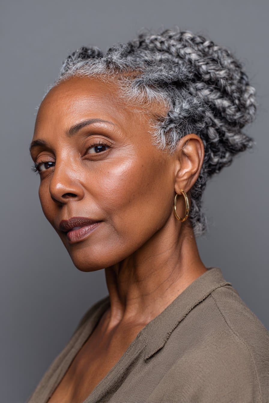 A close-up photo of an elegant Black American woman over 50 with defined feed-in braids with gray accents hairstyle, featuring realistic hair texture under soft natural lighting, subtle makeup, dark skin tone, confident expression, fully clothed in a chic outfit, in an Instagram-style beauty shot.