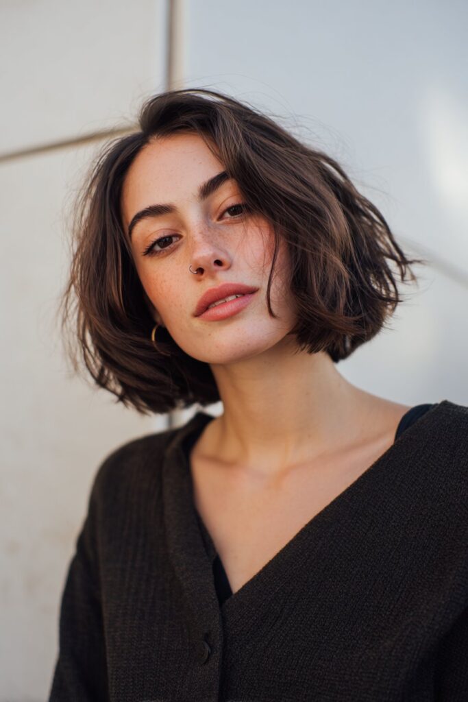 A short disconnected bob choppy haircut with intentionally uneven lengths and bold, textured layers. The dramatic disconnect creates a high-fashion, edgy, artistic hairstyle full of visual contrast and personality.