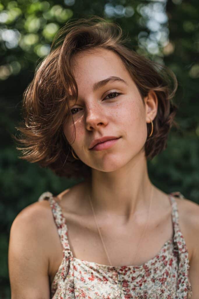 Young model with a bold disconnected choppy haircut, dramatic layers and texture, soft lighting, natural forest backdrop.