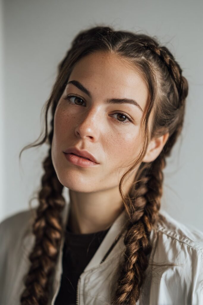 A close-up photo of a young elegant American woman wearing symmetrical double French braid headbands – headband hairstyles with braids series.