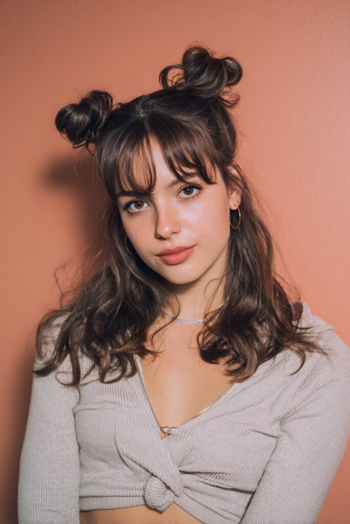 A stunning young woman in her 20s with natural skin tone, showcasing an Everyday Hairstyle For Medium Length Hair with double buns, featuring medium-length hair styled in playful double buns, captured in a close-up shot focusing on the hair, photographed against a seamless light coral backdrop with a smooth surface. She has subtle makeup, a trendy outfit, realistic hair texture, warm skin tone, and a friendly expression, captured with soft natural lighting and an Instagram-style beauty vibe.