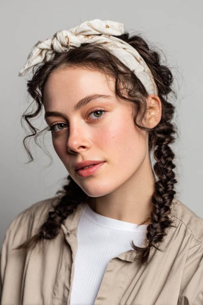 Playful double French braids tied together with a knotted fabric headband – Headband Hairstyles series.