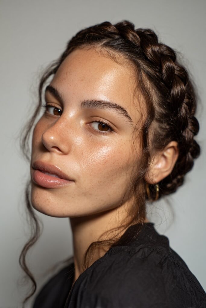 A close-up photo of a young elegant American woman with a raised Dutch braided headband – headband hairstyles with braids series.