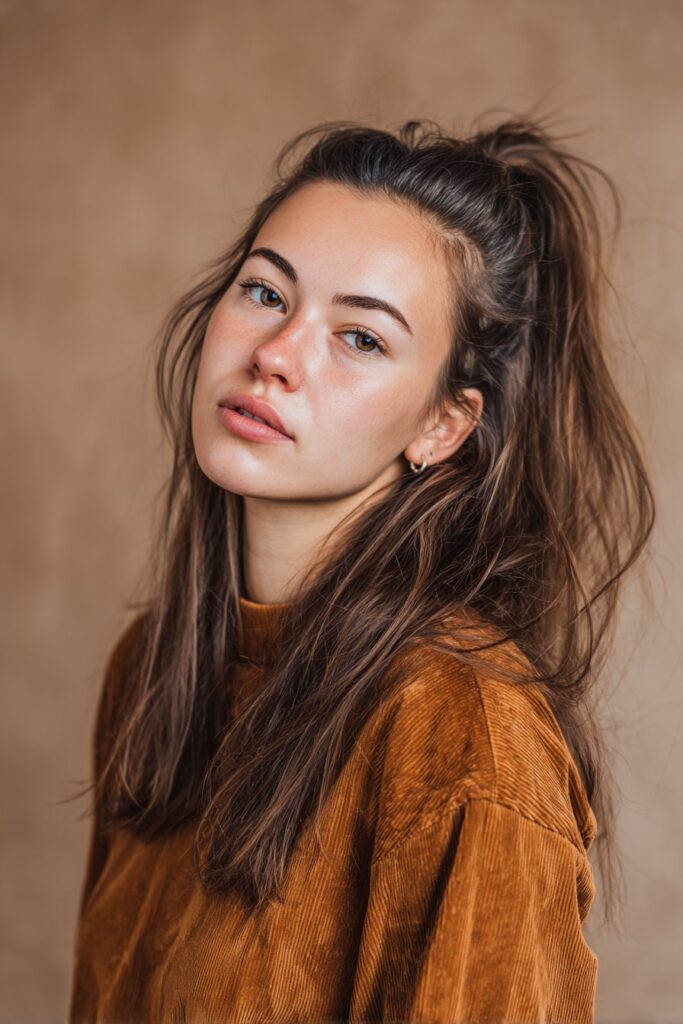 A stunning young woman in her 20s with natural skin tone, showcasing an Everyday Hairstyle For Medium Length Hair with an effortless low pony, featuring medium-length hair in a relaxed low ponytail, captured in a close-up shot focusing on the hair, photographed against a seamless warm mocha backdrop with a satin finish. She has subtle makeup, a trendy outfit, realistic hair texture, warm skin tone, and a friendly expression, captured with soft natural lighting and an Instagram-style beauty vibe.