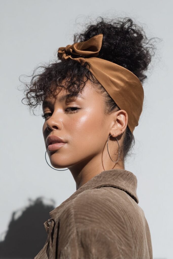 A close-up photo of a young elegant Black American woman with a sophisticated updo enhanced by a smooth satin headband, featuring realistic updo texture under soft natural lighting, subtle makeup, warm skin tone, confident expression, fully clothed in a chic outfit, in an Instagram-style beauty shot – headband hairstyles black women series.