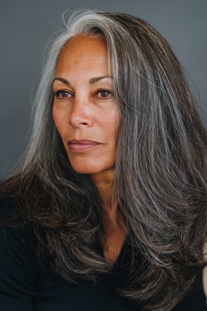 An older woman wearing an espresso-brown long shag with lifted crown volume and layered texture, set against a modern clean background.