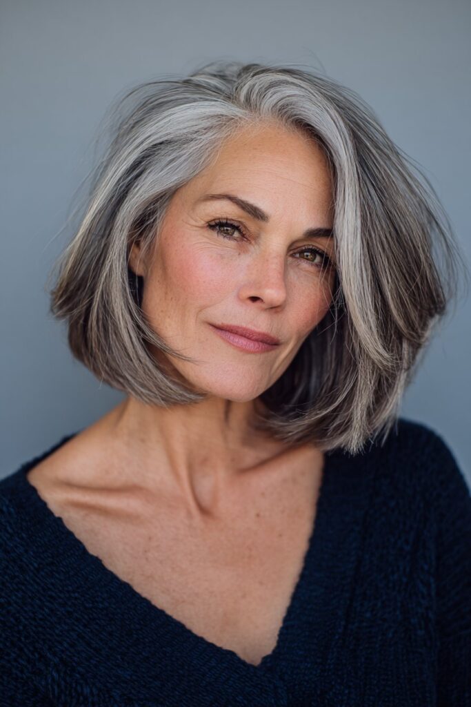 A vibrant American female model over 60 with a mature appearance, showcasing a Medium Length Layered Haircut For Women Over 60 with a face-framing layered bob, featuring medium-length layered bob with face-framing strands, captured in a close-up shot focusing on the hair, photographed against a seamless soft navy backdrop with a glossy sheen. She has subtle makeup with visible aging signs, an elegant outfit, realistic hair texture with silver strands, warm skin tone, and a friendly expression, captured with soft natural lighting and an Instagram-style beauty vibe.