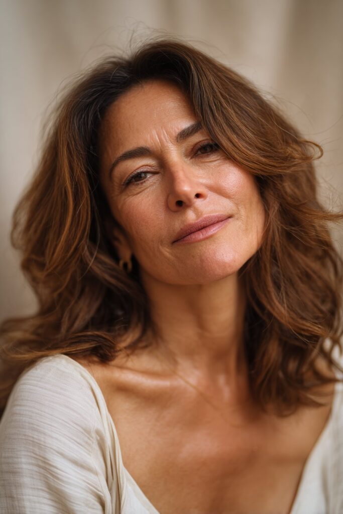 A vibrant elegant woman over 40 with a mature appearance, showcasing a Medium Length Hairstyle For Over 40 with face-framing layers with highlights, featuring medium-length cut with face-framing layers and golden highlights, captured in a close-up shot focusing on the hair, photographed against a seamless warm ivory backdrop with a silky sheen. She has subtle makeup with visible aging grace, a chic outfit, realistic hair texture with natural highlights, warm skin tone, and a confident smile, captured with soft natural lighting and an Instagram-style beauty vibe.