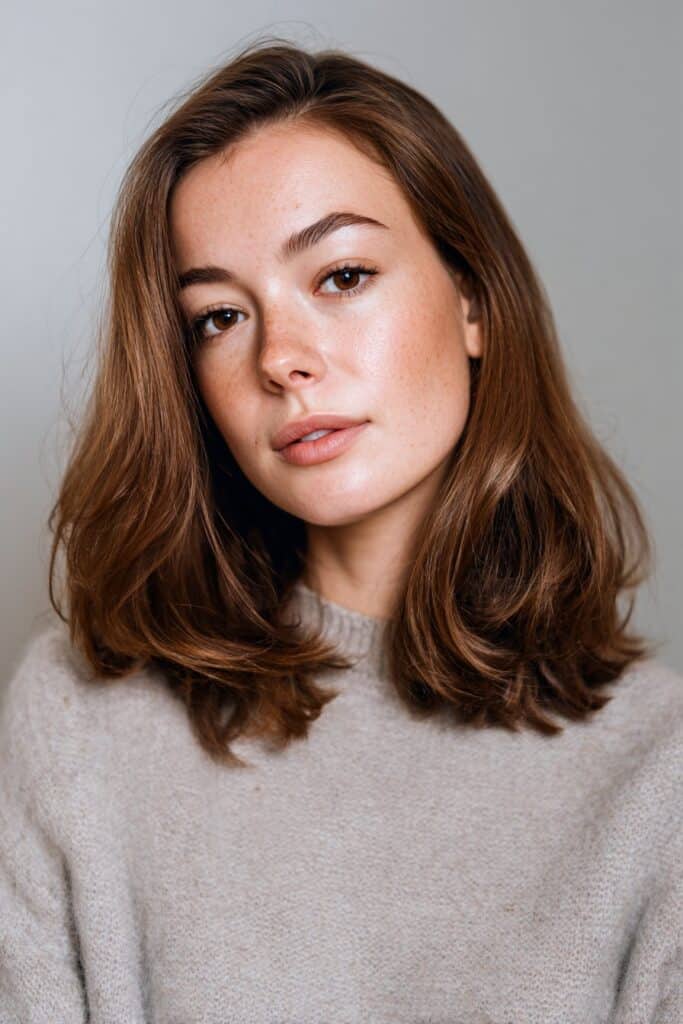 A stunning young woman in her 20s with natural skin tone, showcasing a Winter Hairstyle For Medium Length Hair featuring a face-framing mid-length cut, with medium-length cut with soft face-framing layers and subtle texture, captured in a close-up shot focusing on the hair, photographed against a seamless light gray backdrop with a smooth texture. She has subtle makeup, a chic winter outfit, realistic hair texture, warm skin tone, and a confident expression, captured with soft natural lighting and an Instagram-style beauty vibe.