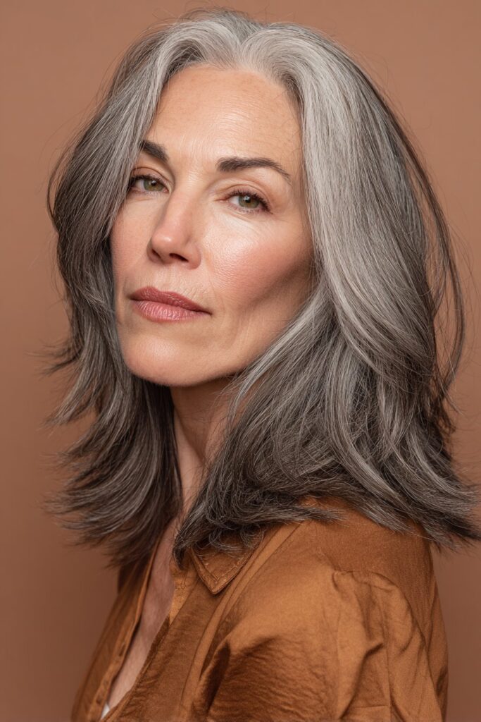 A vibrant American female model over 60 with a mature appearance, showcasing a Medium Length Layered Haircut For Women Over 60 with feathered flip layers, featuring medium-length layers with feathered flip ends, captured in a close-up shot focusing on the hair, photographed against a seamless warm mocha backdrop with a satin finish. She has subtle makeup with visible aging signs, an elegant outfit, realistic hair texture with silver strands, warm skin tone, and a friendly expression, captured with soft natural lighting and an Instagram-style beauty vibe.