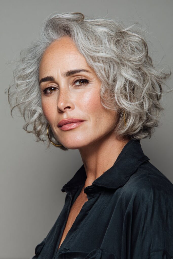 A close-up photo of an elegant American woman over 40 with a feathered French bob hairstyle, featuring realistic hair texture under soft natural lighting, subtle makeup, warm skin tone, confident expression, fully clothed in a chic outfit, in an Instagram-style beauty shot.