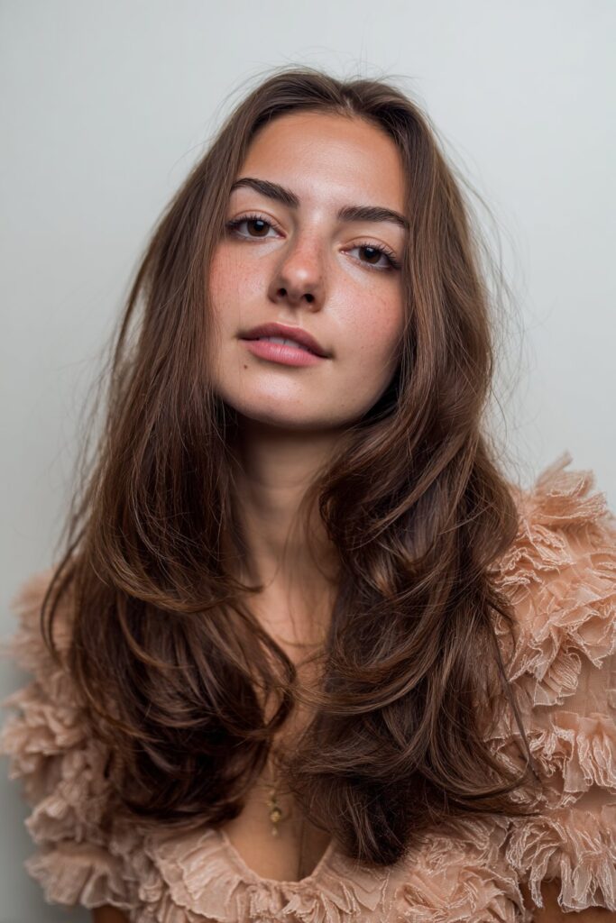 A young American woman in her 20s with medium-length feathered layers, showcasing light, wispy ends and soft movement under natural lighting, wearing a chic top against a seamless lavender matte backdrop.