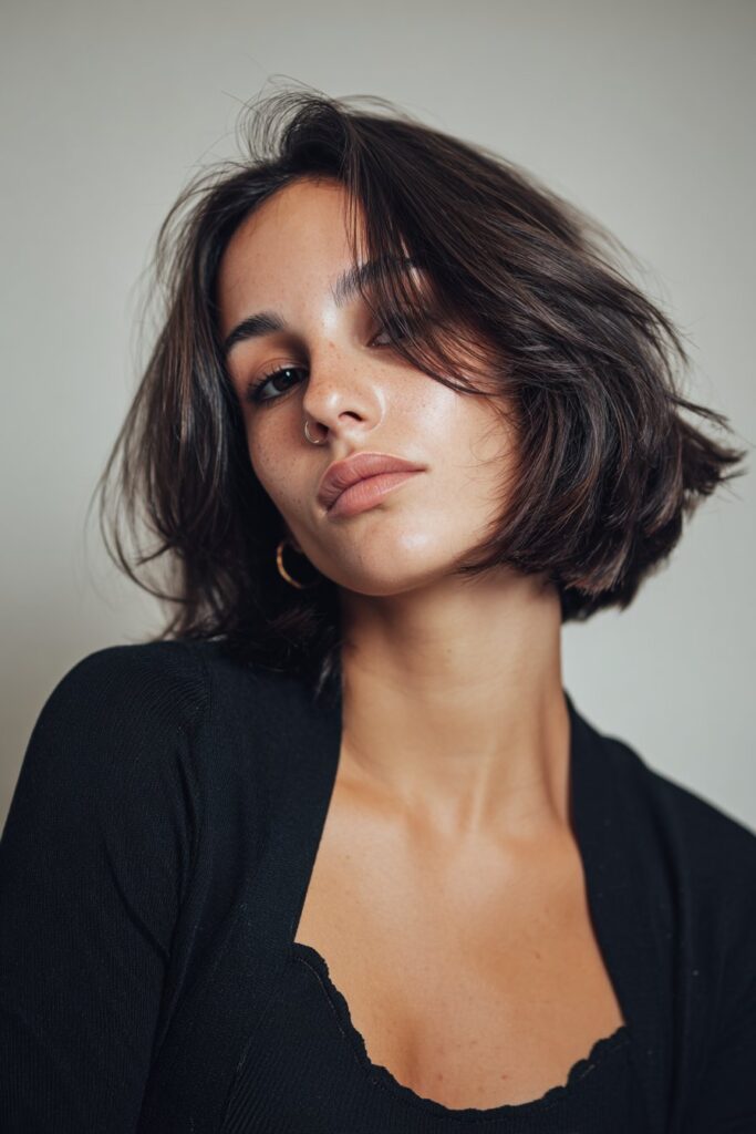 A close-up photo of a young elegant American woman with a feathered lob with highlights hairstyle, featuring realistic hair texture under soft natural lighting, subtle makeup, warm skin tone, confident expression, fully clothed in a chic outfit, in an Instagram-style beauty shot.