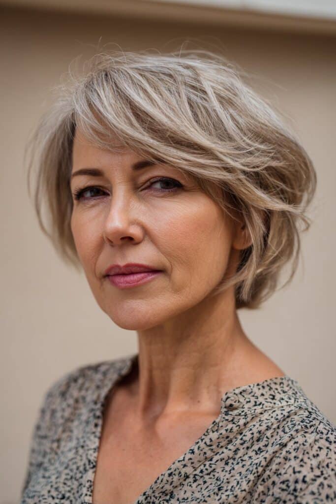 A woman over 40 with a sandy blonde feathered short cut, displaying soft layers and airy movement against a neutral backdrop.