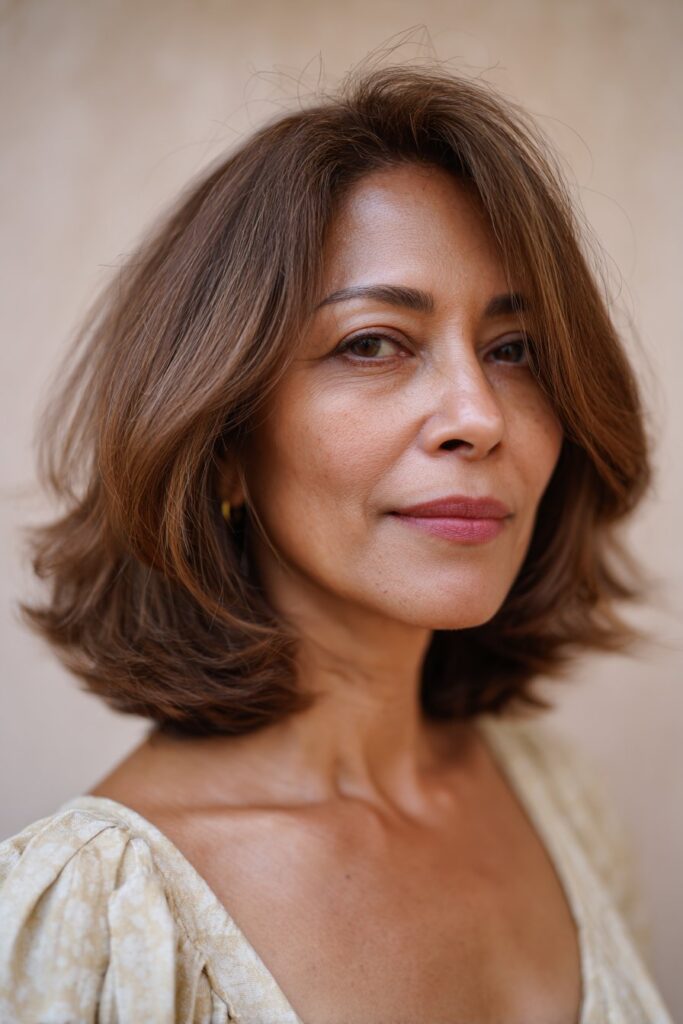 A vibrant elegant woman over 40 with a mature appearance, showcasing a Medium Length Hairstyle For Over 40 with a feathered shoulder-length cut, featuring shoulder-length cut with soft feathered layers for lightness, captured in a close-up shot focusing on the hair, photographed against a seamless light champagne backdrop with a glossy sheen. She has subtle makeup with visible aging grace, a chic outfit, realistic hair texture with natural highlights, warm skin tone, and a confident smile, captured with soft natural lighting and an Instagram-style beauty vibe.