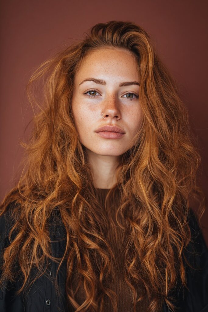 A stunning young woman in her 20s with natural skin tone, showcasing a Winter Hairstyle For Medium Length Hair featuring fiery copper waves, with medium-length hair with fiery copper color and loose waves, captured in a close-up shot focusing on the hair, photographed against a seamless warm violet backdrop with a matte finish. She has subtle makeup, a chic winter outfit, realistic hair texture, warm skin tone, and a confident expression, captured with soft natural lighting and an Instagram-style beauty vibe.