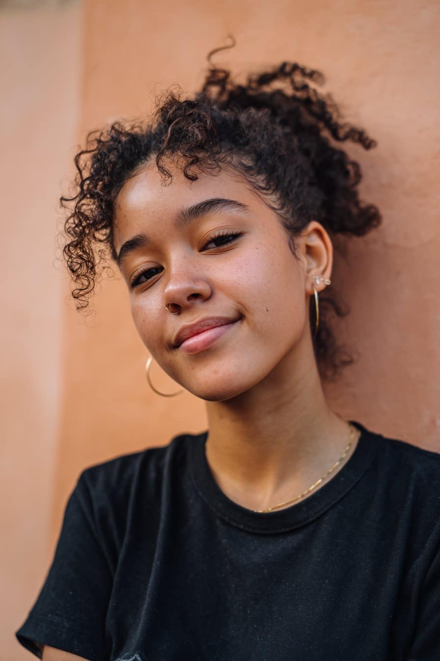 American girl with well-defined 4C finger coils, wearing a simple white long-sleeve shirt, sitting at a school desk with books, highlighting natural and defined school curls.