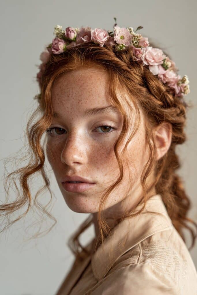 A close-up photo of a young elegant American woman with a braided headband adorned with delicate flowers – headband hairstyles with braids series.
