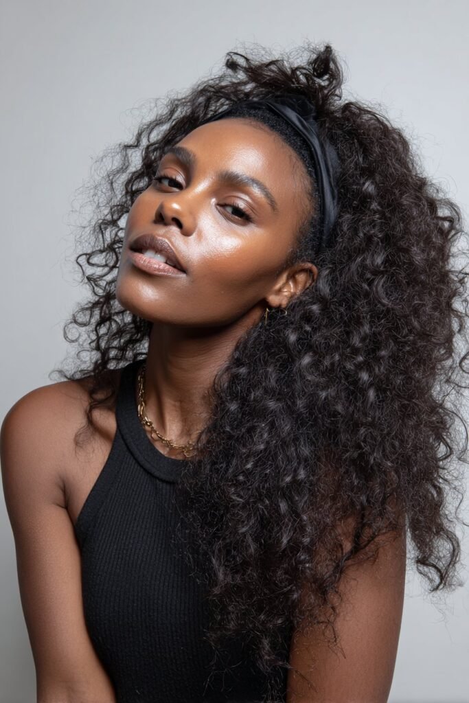 A close-up photo of a young elegant Black American woman with fluffy pressed hair held by a plush velvet headband, featuring realistic silky texture under soft natural lighting, subtle makeup, warm skin tone, confident expression, fully clothed in a chic outfit, in an Instagram-style beauty shot – headband hairstyles black women series.