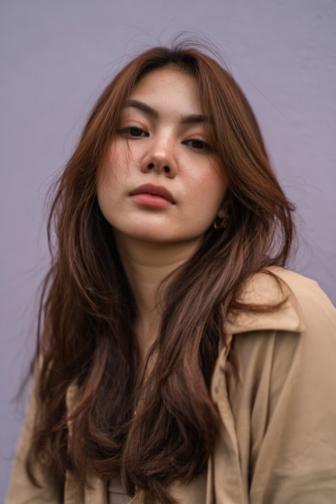 A stunning young woman in her 20s with natural skin tone, showcasing a Brown Hair With Caramel Highlights hairstyle featuring front caramel ribbon highlights, featuring brown hair with front ribbon-like caramel highlights, captured in a close-up shot focusing on the hair, photographed against a seamless soft lavender backdrop with a smooth texture. She has subtle makeup, a chic outfit, realistic hair texture, warm skin tone, and a confident expression, captured with soft natural lighting and an Instagram-style beauty vibe.