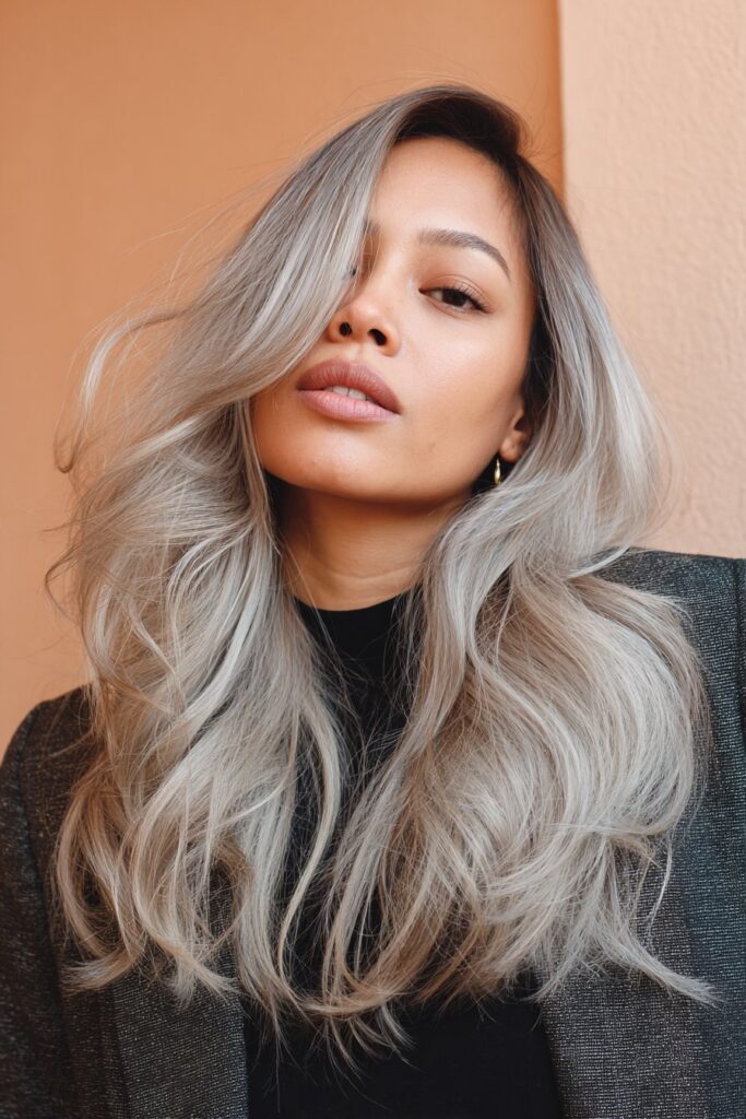 A stunning young woman in her 20s with natural skin tone, showcasing a Winter Hairstyle For Medium Length Hair featuring frosty silver ombre, with medium-length hair with frosty silver ombre fade from dark roots, captured in a close-up shot focusing on the hair, photographed against a seamless warm peach backdrop with a matte finish. She has subtle makeup, a chic winter outfit, realistic hair texture, warm skin tone, and a confident expression, captured with soft natural lighting and an Instagram-style beauty vibe.