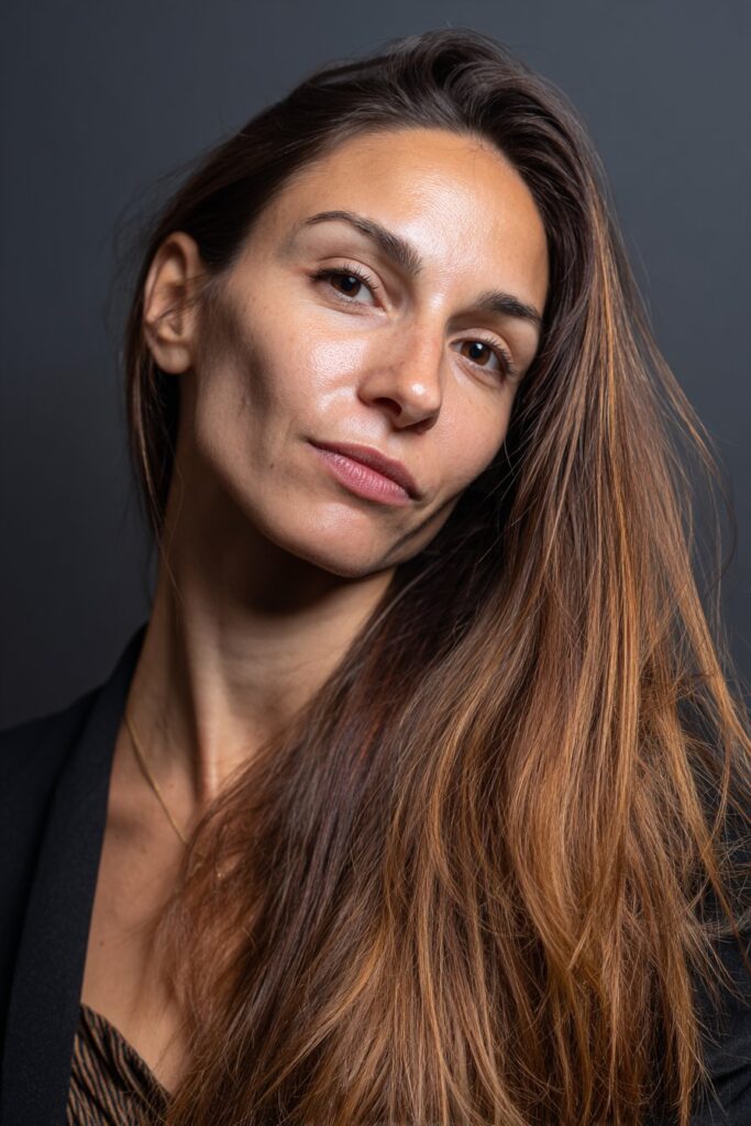 A vibrant elegant woman over 40 with a mature appearance, showcasing a Medium Length Hairstyle For Over 40 with a glossy straight lob, featuring ultra-straight glossy lob with mirror-like shine, captured in a close-up shot focusing on the hair, photographed against a seamless deep charcoal backdrop with a high-gloss finish. She has subtle makeup with visible aging grace, a chic outfit, realistic hair texture with natural highlights, warm skin tone, and a confident smile, captured with soft natural lighting and an Instagram-style beauty vibe.